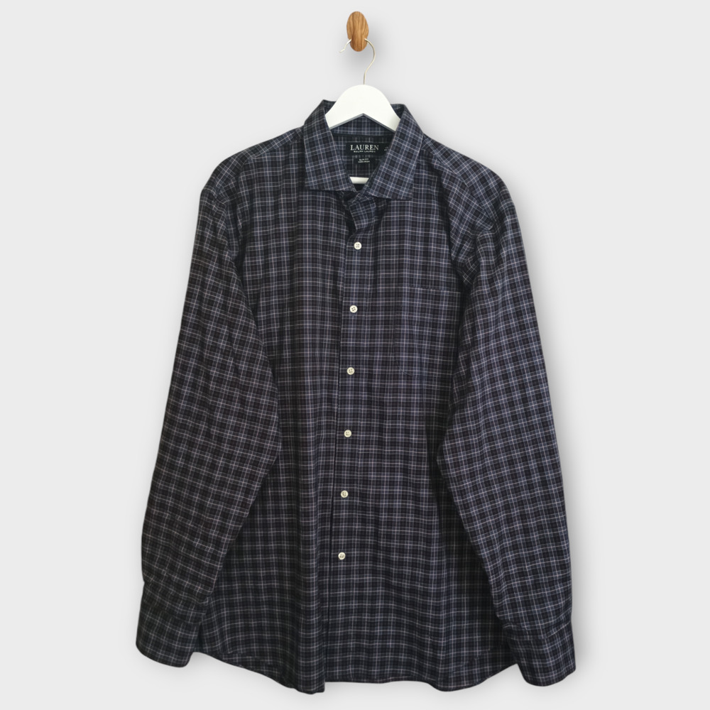 Lauren Ralph Lauren Shirt Men 17.5-36/37 Purple Black Plaid Slim Non-Iron Preppy